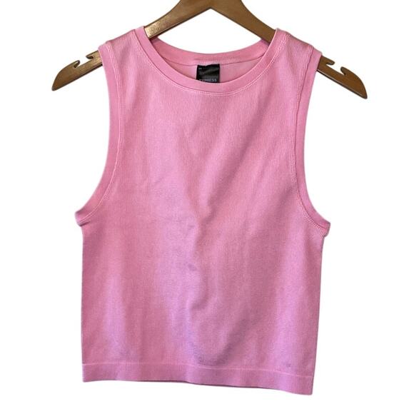 Express Preppy Y2K Style Pink Ribbed Stretchy High Neck Fitted Tank Top Large - Picture 1 of 9